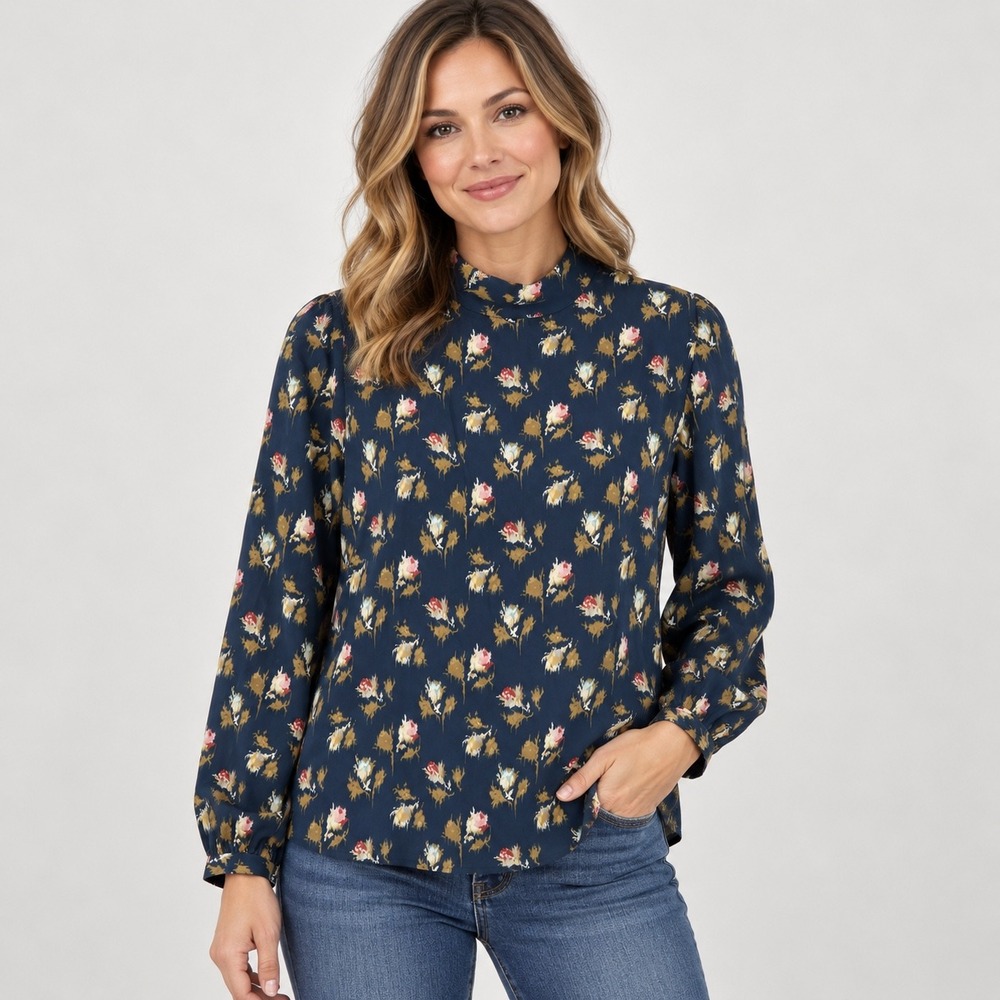 Pendleton Silk Blouse Women XXS Navy Blue Floral Ikat Mock Neck Long Sleeve